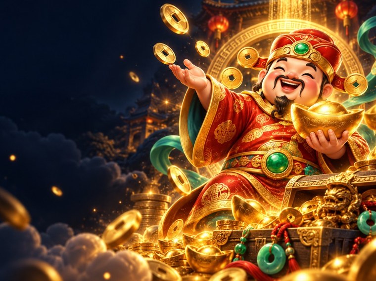 Arte promocional de Caishen Wins com personagem e moedas douradas